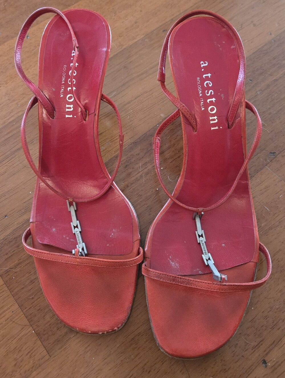 a. testoni Red Leather Strappy Sandals With Silver Accent Size 38
